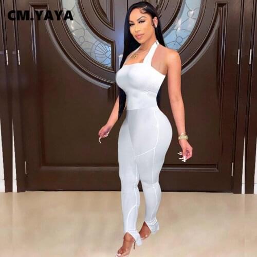 Active Solid Halter Neck Backless Flare Skinny Jumpsuit Sexy Sleeveless Elastic Romper Yoga Fashion Playsuit Overall CM.YAYA