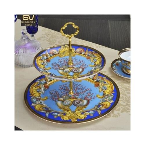 European Bone China Double Decker Plates Conch Style Cake Fruit Snack Plate Afternoon Tea Ceramic Tray Tableware Decoration