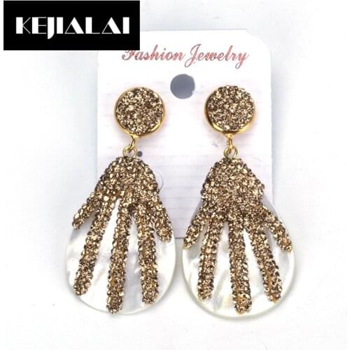 KEJIALAI Gold Color Shell Earrings for Women Hamsa Hand Shape Jewelry Accessories Drop Dangling Earring Rhinestone Crystal Gift