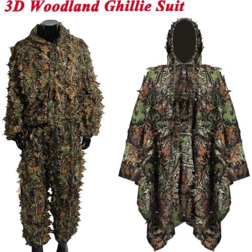 3D Woodland Ghillie Suit Linen Material Mens Camouflage Clothing Hunting Airsoft Sniper Hidden Shirt + Pants Military Cloak