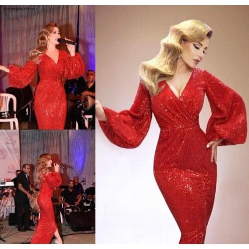 Red Celebrity Evening Dress Sequins Long Poet Sleeves Holiday Women Wear Formal Party Prom Gown Custom Made Plus Size