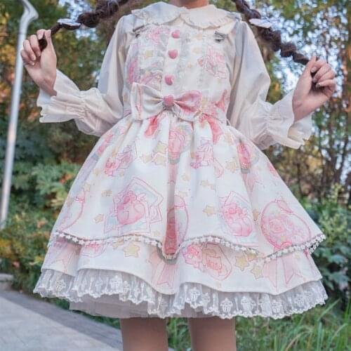 Japanese Sweet Kawaii Jsk Lolita Dress Women Vintage Victorian Gothic Cartoon Sleeveless Bow Lace Princess Tea Party Dresses