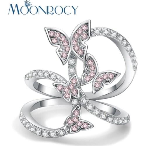 MOONROCY Silver Color CZ Pink Crystal Rings for Women Girls Butterfly Exaggerated Party Jewelry Wholesale Gift Drop Shipping