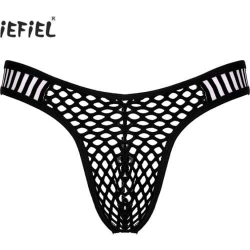 Mens Panties See-through Fishnet Briefs Low Waist Striped Elastic Waistband Thongs Hollow Out Bulge Pouch Underpants Underwear
