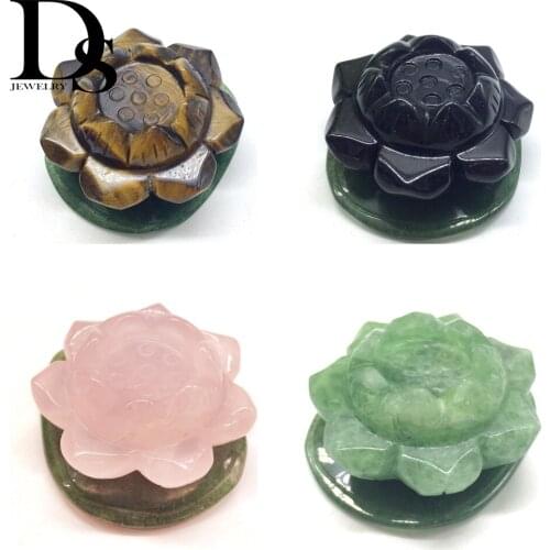 Natural Tiger Eye Obsidian Rose Quartz Fluorite Lotus Crystal Stones Flower Aventurine Leaf Buddhism Monk Charms Home Decoration
