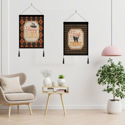 Polyester hemp Halloween Gift Pumpkin Black tapestry wall decoration Tassel Wall Hanging Tapestry For Home Living Room