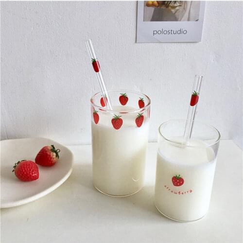 300ml Transparent Glass Strawberry Cute Cup With Straw Creative Water Cup Student Milk Heat Resistant Glass