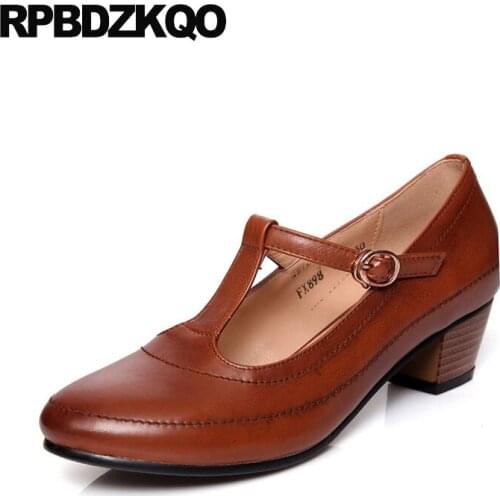Vintage discount 11 43 round toe women leather grey shoes big size medium heels brown t strap retro black genuine 10 42 thick