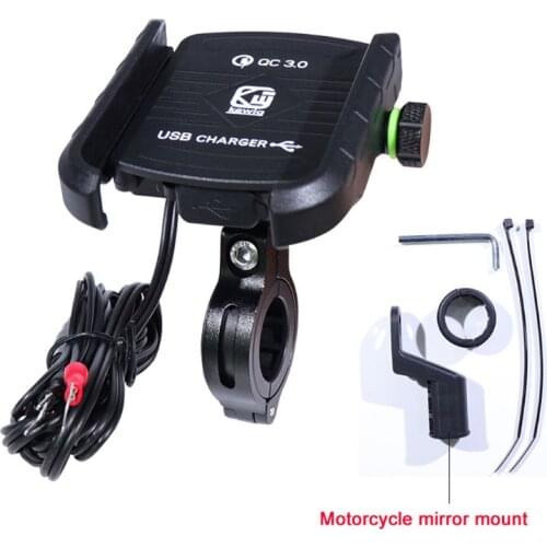 Waterproof Motorbike 360 Degree Motorcycle Handlebar Mirror Cell Phone Mount Holder with QC 3.0 USB Charger for Smartphone