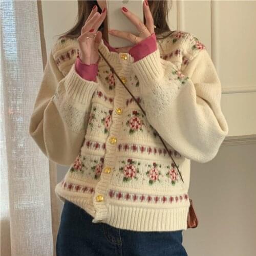 Flower Print Jacquard Knitted Cardigan Women Fall Winter Retro Loose Golden Buttons Female Sweaters Jackets Top Femme 2020 New
