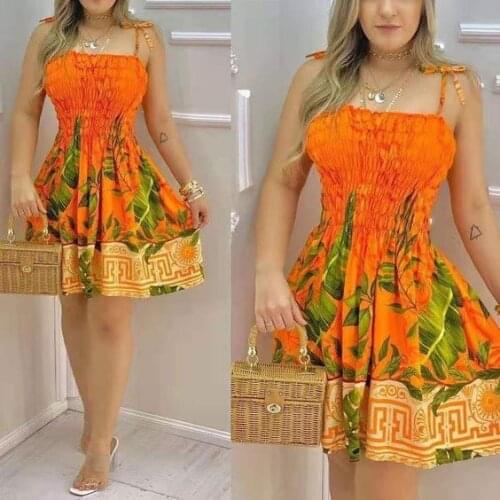 Orange Summer Womens Dress Ruffles Sleeveless Short Dress Sexy Printed Square Collar Mini Dress Holiday Skirt Suit Plus Size