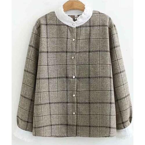 Womens Coats New 2020 Spring Autumn Thin Casual Jacket Fashion Crew Neck Single-breasted Lattice Elegant Shirt Coat Outerwear