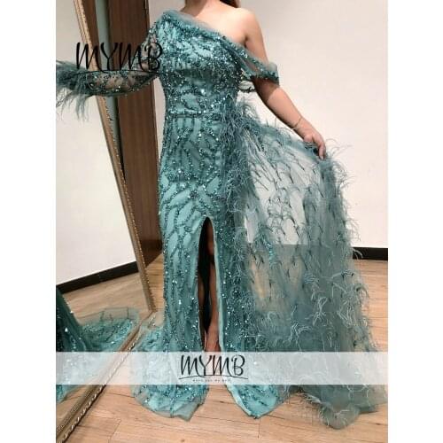 Luxury Feather One Shoulder Long Sleeve Evening Dress Green Sparkle Women Couture Beading Birthday Dress With Split MY21130