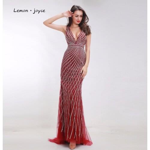 Lemon joyce Burgundy Formal Evening Dresses for Woman Sexy Deep V-neck Beading Mermaid Long Party Gowns
