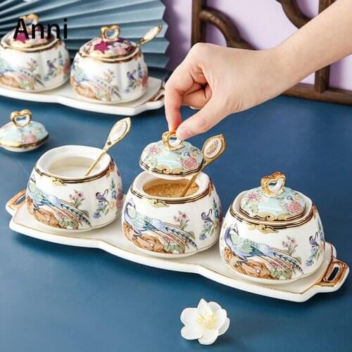 4Pcs Golden Stroke Ceramic Mason Jar Set Chinese Painted Spice Jars with Lid Oil Salt Sauce Vinegar Organizer Kitchen Utensils