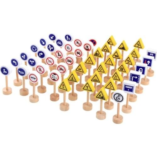 New 50Pcs Wooden Street Road Traffic Signs Model Block Educational Kids Toy DIY Mini Signpost Traffic Scene Educational Toys New