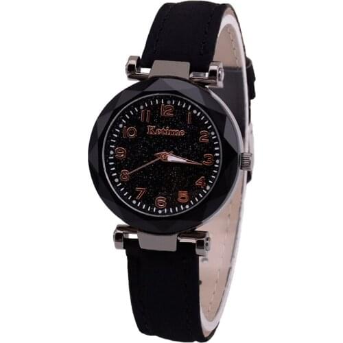 Black Starry Sky Bright Womens Watch Korean Rose Gold Quartz Watch Ladies Watch Fashion Leather-Belt Watch