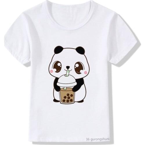 Cute panda drinking milk tea cartoon print childrens tshirt funny boys t-shirt summer casual fashion cute girls t shirt tops