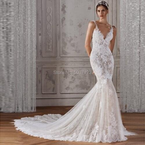 Lace Mermaid Wedding Dresses 2021 Vestidos De Noiva V Neckline Open Back Appliques Sleeveless Wedding Bridal Gowns Court Train