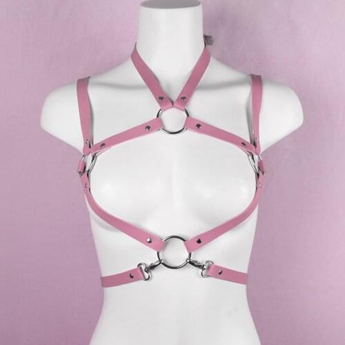 Fashion Harajuku Pink PU Leather Women Harness Suspender Neck Sling Chest Bondage Bra Cage Gothic Dress Lingerie Accessories New