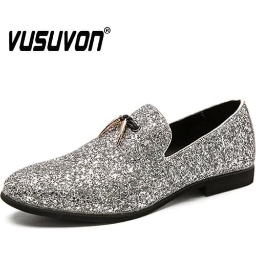Fashion Brand Men Loafers Casual Shoes Slip On Moccasins Flats Silver Glitter Bar Club Party PU Leather Shoes Men Plus Size 46