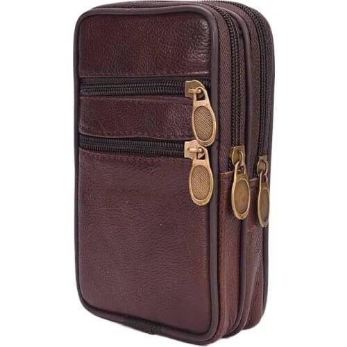 Outdoor Running Bags Men Genuine Leather Waist Pack Bag Double Zipper Cell Mobile Phone Case Coin Purse Pocket Pouch Male Fanny