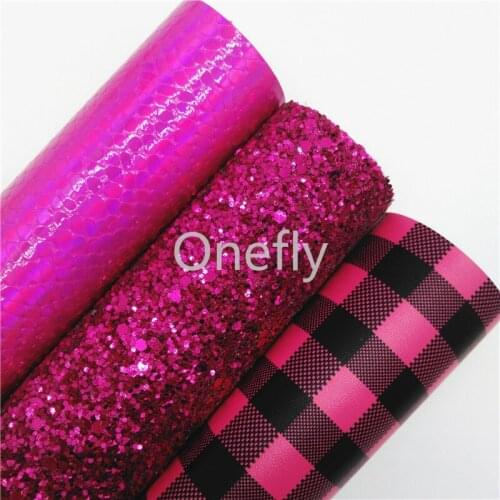 Onefly 21X29CM Rose Glitter Leather, Plaids Printed Synthetic Leather Fabric Sheets For Bow DIY handbags shoes BQ048