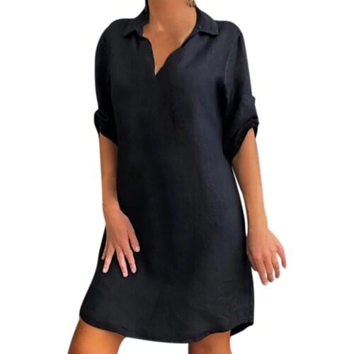 Summer Elegant Women Dresses Fashion Women Plus Size Solid Cotton Linen Turn Down Collar Loose Shirt Dress Office Long Blouse