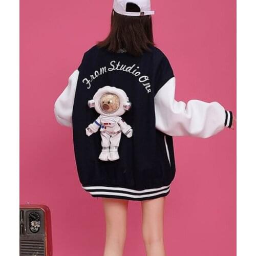 Korean Preppy Style Casual Woman Jacket Chic Contrast Color Patchwork Loose Buttoned Coats 2021 Autumn New Cute Bear Outwear