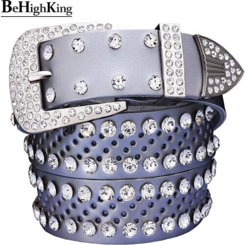 Luxury genuine leather belt female Fashion rhinestone belts for women Quality cow skin waist strap for men Unisex holes girdle
