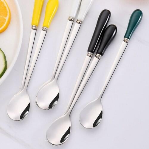 16/18cm Coffee Stirring Spoon Ceramic Long Handle Brilliant Ice Cream Teaspoon Black Dessert Spoon Stainless Steel Tableware
