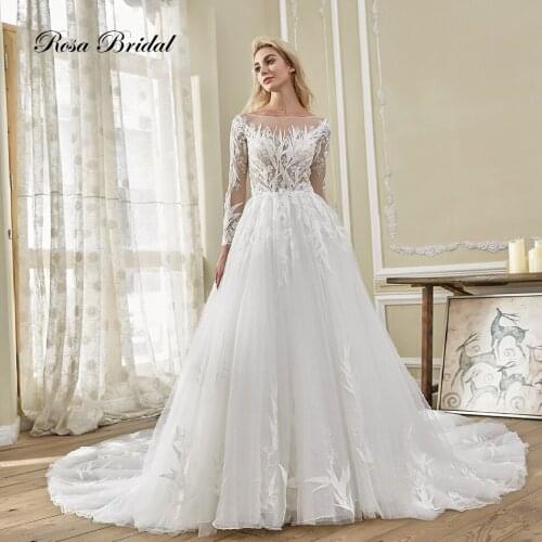 Rosabridal Wedding Dress A Line O neck Long Sleeves embroidery lace appliques Beading over tulle bridal gown Long Train