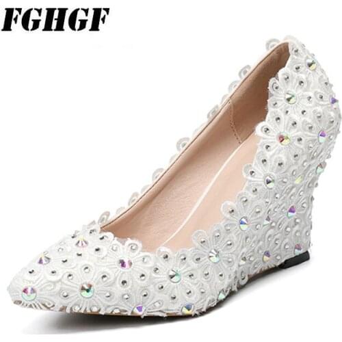 High fashion single shoe wedges lace color drill pointed high single shoe wedding shoes water drill wedding shoes Large size 43