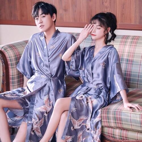 Crane Print Female Silk Robe nightdress Set Lovers Couple Nightgown Sleepwear Men Nightwear Bathrobe Shorts Satin Nightgown