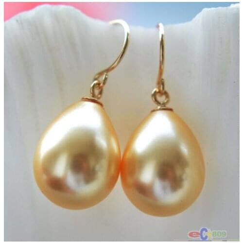 Women Gift word Love women Fashion Jewelry Genuine 16x12mm golden DRIP SOUTH SEA SHELL PEARL DANGLE EARRING