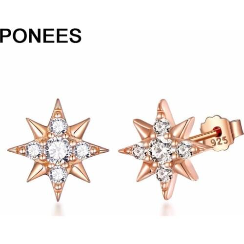 Ponees Stud-Earrings Jewelry 100% 925-Sterling-Silver Star Earrings Cubic-Zirconia Women Cute Simple