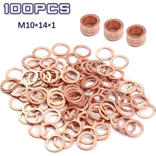 100Pcs/Set Assorted Copper Washer Solid Gasket 10*14*1mm Kit Sump Plug Oil Seal Tool Parts Accessories