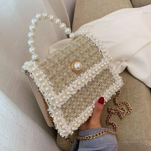 2021 Fashion New Female Square Tote bag Quality Woolen Pearl Womens Designer Handbag Ladies Chain Shoulder Crossbody Bag