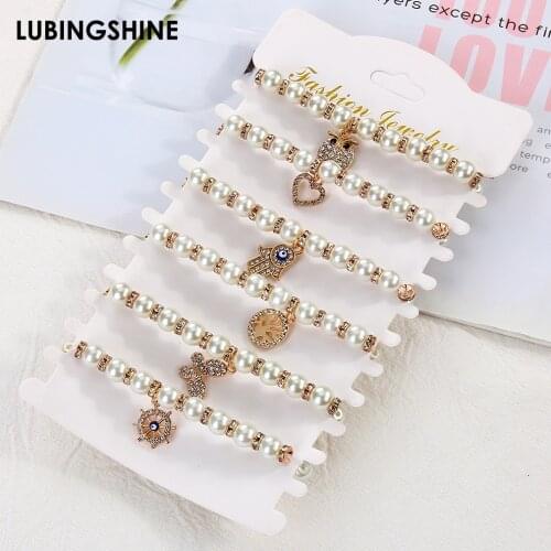 6Pcs/lot Fashion Pearl Beaded Bracelet Crystal Rhinestones Heart Butterfly Owl Charm Bracelets For Women Jewelry Gift Wholesale