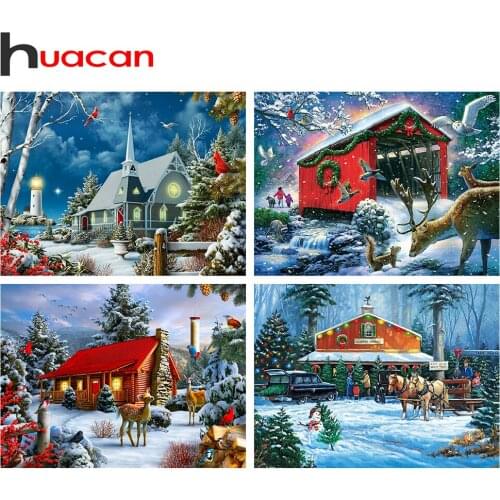 Huacan New Diamond Mosaic Winter House Full Diamond Embroidery Painting Christmas Landscape Picture Of Rhinestones Wall Art