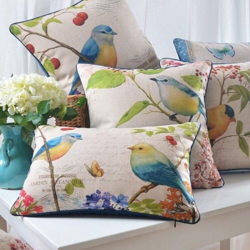 American pastoral sofa pillow cotton and linen thick flower and bird car cushion cover Office lumbar pillow