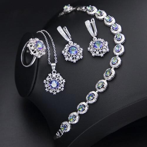 Shiny CZ Flower Rainbow Blue Zircon Silver Color Jewelry For Women Bracelet Necklace Earrings Ring Bridal Jewelry Set