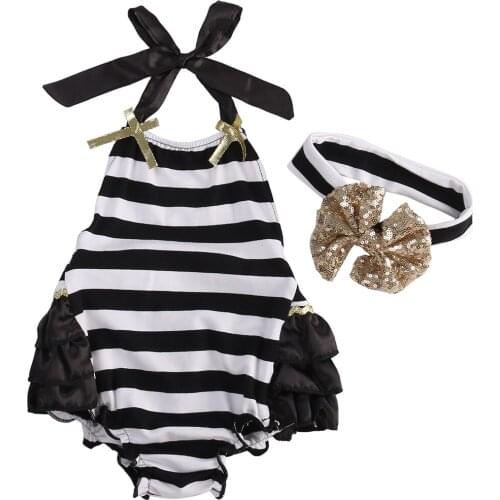 Baby Girls Clothes Floral Stripe Bodysuit +Headband 2pcs Jumpsuit Sunsuit Outfit Size 0-24M
