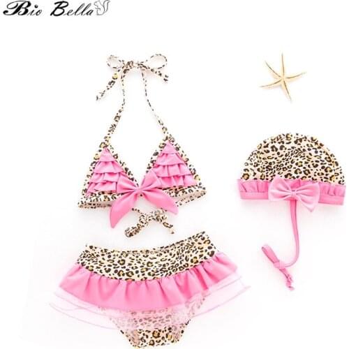 Kids Swimwear Suit For Girls Swimming Bathing Fashion Lovely Princess Girls Swimsuit Bikini Tops+Pants+Cap 3Pcs Kids girl Biquni