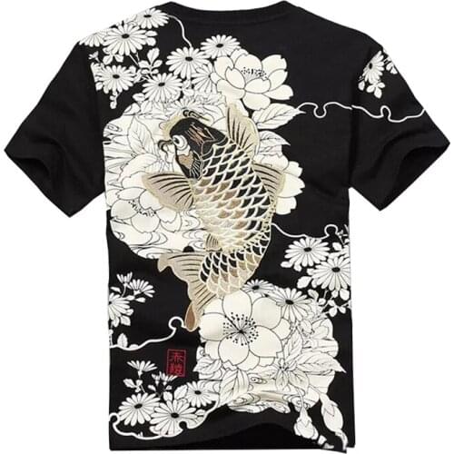 2020 New Arrival Hip Hop Knitted Tshirt Homme Hot Sale T Shirt Men Goods Embroidery With Short Carp Tattoo O-neck Cotton Casual