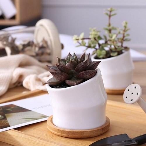 2Set Japanese style Geometric Ceramics Flower Vase with Bamboo Tray Flowerpot Home Decoration Accessories For Plant Bonsai