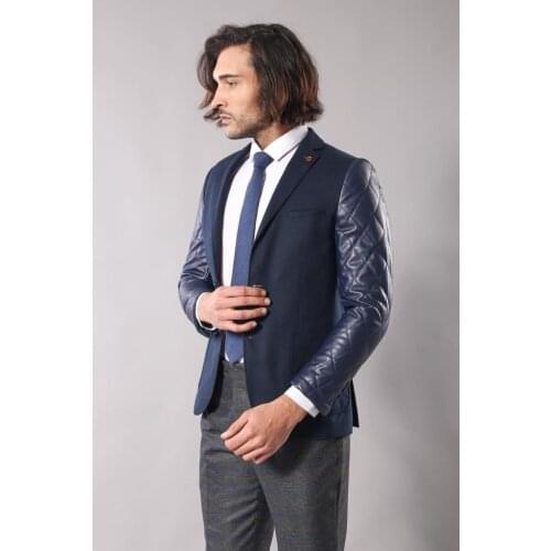 Leathered Sleeve Quilted Navy Blue Cache Blazer