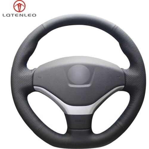 LQTENLEO Black Genuine Leather DIY Hand-stitched Car Steering Wheel Cover For Peugeot 308 2012-2015