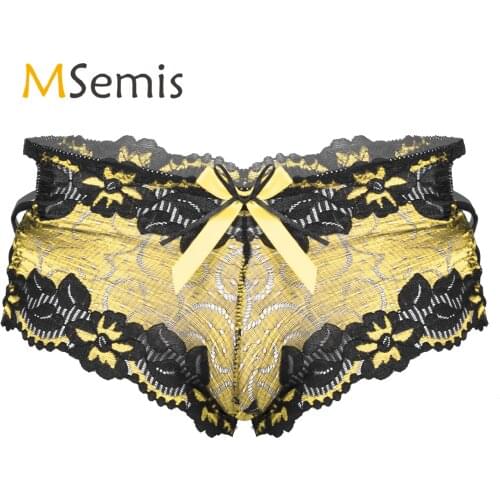 Mens Erotic Sexy Underwear Low Waist Lace Briefs Bowknot Hollow Out Nightwear Lingerie Sissy Panties Strappy Boxers Underpantss