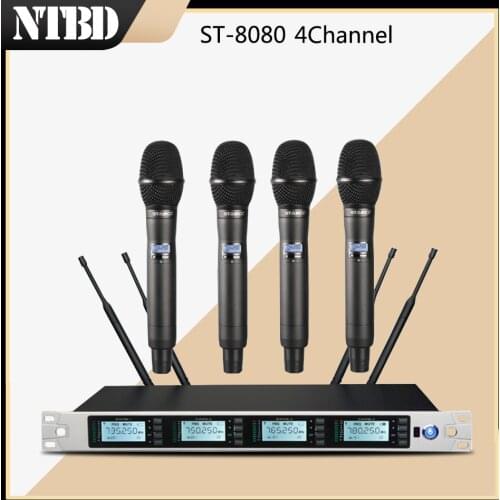 NTBD Stage Performance Hip Hop Party Home KTV 4 Channel 4 Black Handheld ST-8080 Wireless Condenser Microphone Long Distance